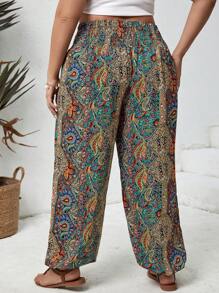 SHEIN CURVE+ 加大碼收縮腰寬腿印花褲