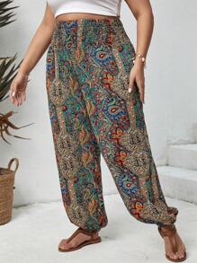 SHEIN CURVE+ 加大碼收縮腰寬腿印花褲