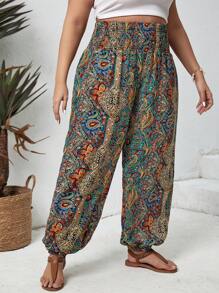 SHEIN CURVE+ 加大碼收縮腰寬腿印花褲