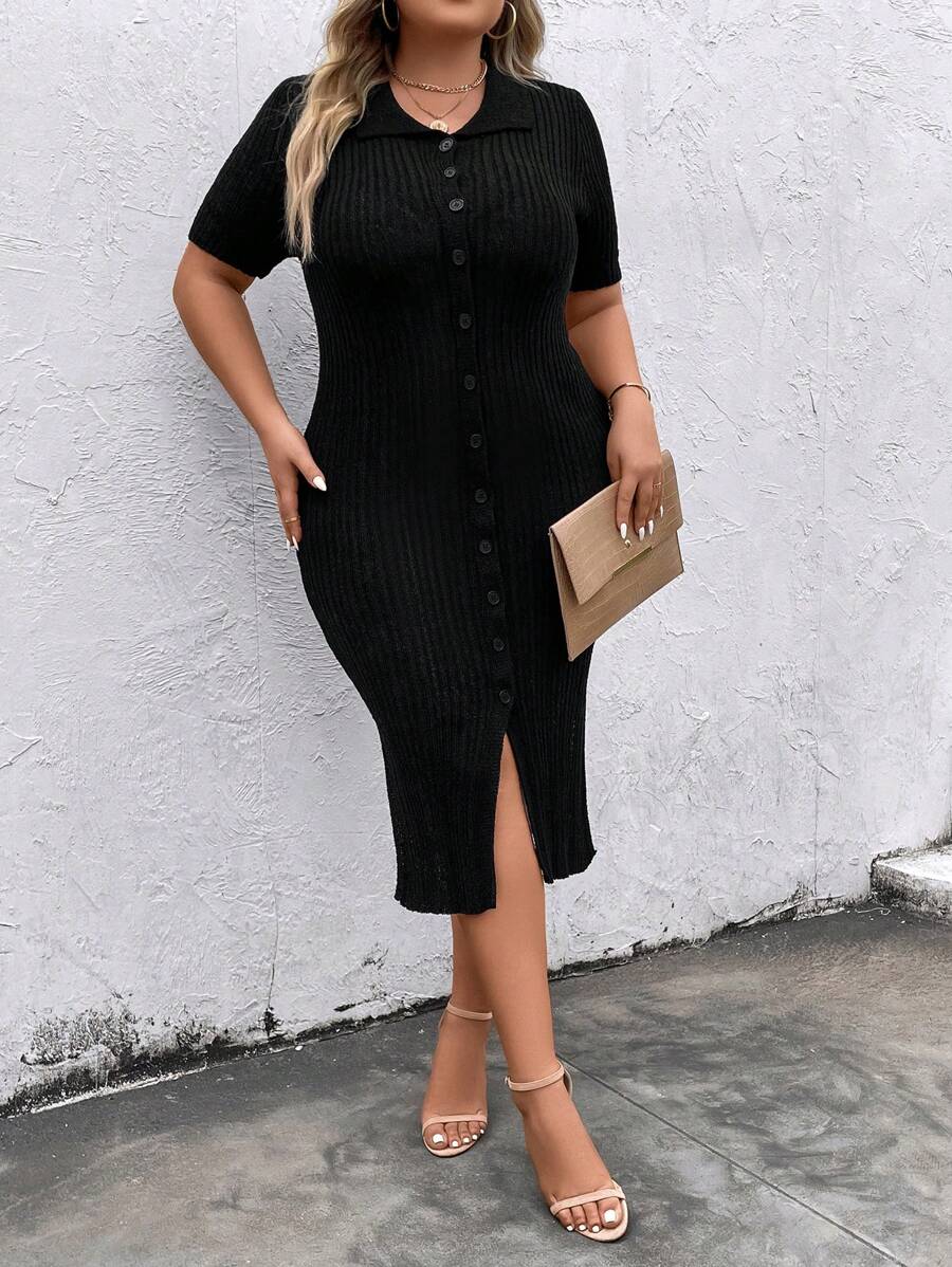 SHEIN Clasi Plus Button Front Ribbed Knit Sweater Dress - Black - View 1