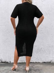 SHEIN Clasi Plus Button Front Ribbed Knit Sweater Dress - Black - View 2