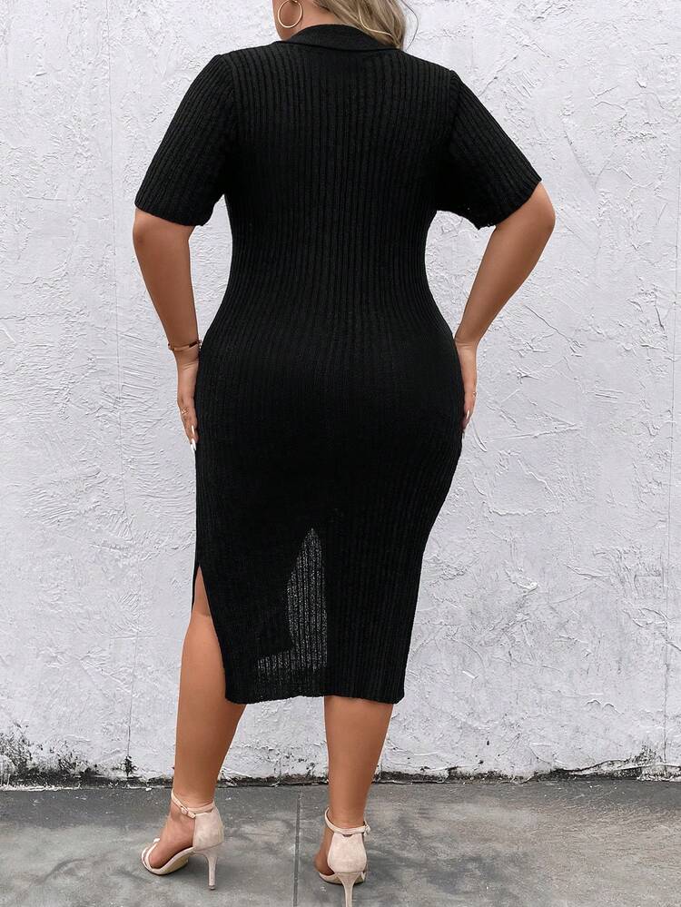 Plus Button Front Ribbed Knit Sweater Dress