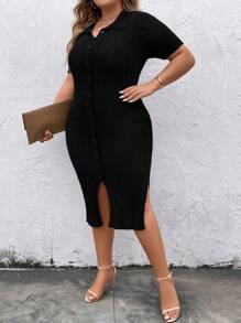 SHEIN Clasi Plus Button Front Ribbed Knit Sweater Dress - Black - View 3