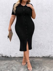 SHEIN Clasi Plus Button Front Ribbed Knit Sweater Dress - Black - View 4