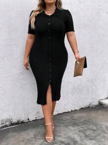 SHEIN Clasi Plus Button Front Ribbed Knit Sweater Dress - Black - View 5