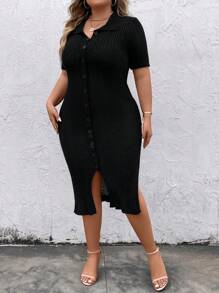SHEIN Clasi Plus Button Front Ribbed Knit Sweater Dress - Black - View 6