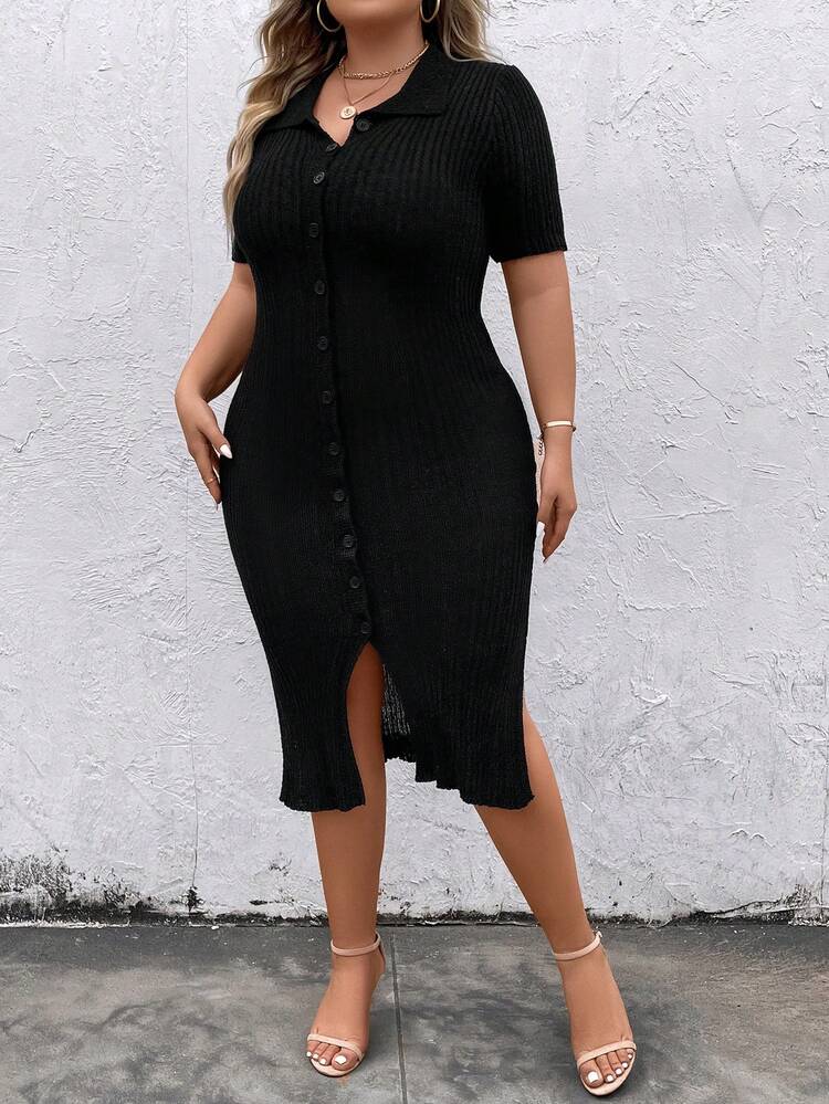 Plus Button Front Ribbed Knit Sweater Dress
