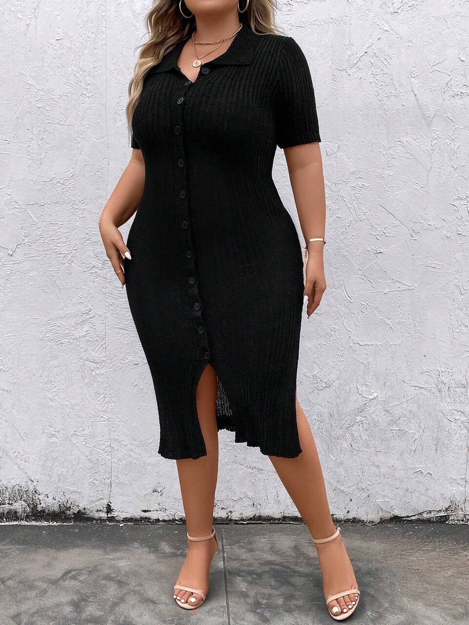 Plus Button Front Ribbed Knit Sweater Dress