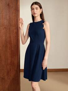 BizChic 素色前紐扣無袖洋裝 - 藏蓝色 - 查看 3