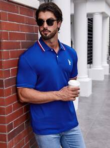 Manfinity Homme Men Graphic Contrast Trim Half Button Dress Polo Shirt, Cotton Royal Blue Golf Americana Style Shirt For Friends - Blue - View 3