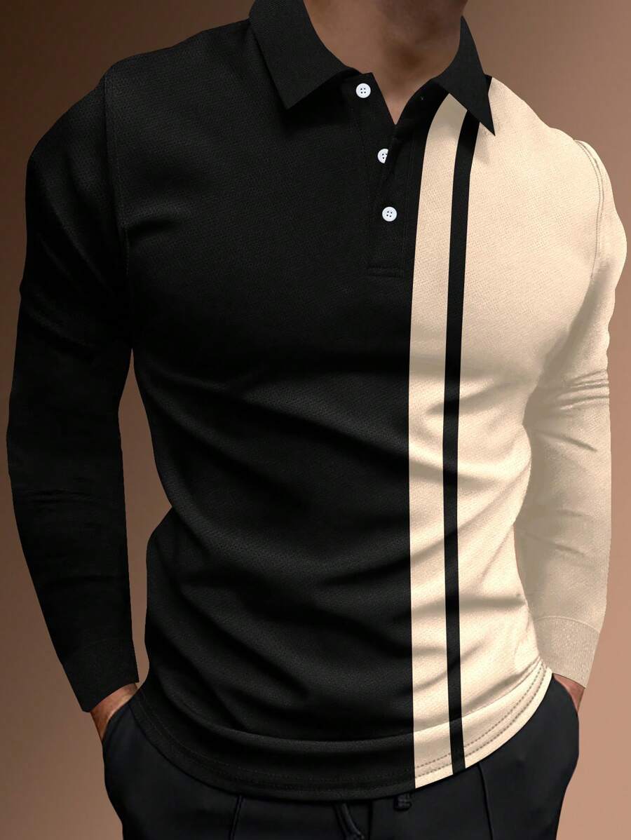 Manfinity Homme Men Two Tone Polo Shirt, Long Sleeve Button Up Collar Color Block Polo Shirt , Work Casual Husband, Polo Shirts For Men Long Sleeve, Fall - Black - View 1