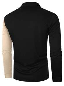 Manfinity Homme Men Two Tone Polo Shirt, Long Sleeve Button Up Collar Color Block Polo Shirt , Work Casual Husband, Polo Shirts For Men Long Sleeve, Fall - Black - View 2
