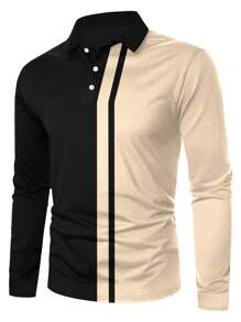 Manfinity Homme Men Two Tone Polo Shirt, Long Sleeve Button Up Collar Color Block Polo Shirt , Work Casual Husband, Polo Shirts For Men Long Sleeve, Fall - Black - View 3