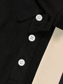 Manfinity Homme Men Two Tone Polo Shirt, Long Sleeve Button Up Collar Color Block Polo Shirt , Work Casual Husband, Polo Shirts For Men Long Sleeve, Fall - Black - View 4