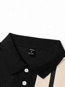 Manfinity Homme Men Two Tone Polo Shirt, Long Sleeve Button Up Collar Color Block Polo Shirt , Work Casual Husband, Polo Shirts For Men Long Sleeve, Fall - Black - View 6