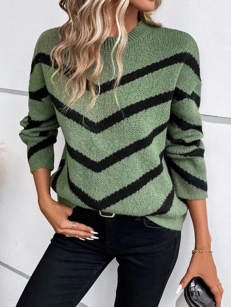 Chevron Pattern Drop Shoulder Sweater