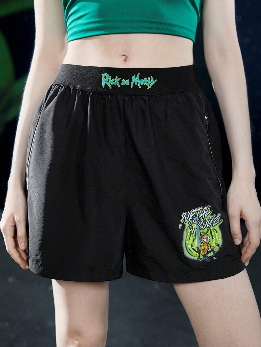 Rick and Morty X SHEIN Chữ cái & Đồ họa hoạt hình Quần short - màu đen - Xem 1