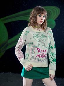Rick and Morty X SHEIN 數字和字母圖案下降肩毛衣 - 彩色 - 查看 3