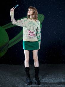 Rick and Morty X SHEIN 數字和字母圖案下降肩毛衣 - 彩色 - 查看 4