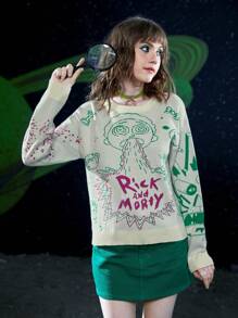 Rick and Morty X SHEIN 數字和字母圖案下降肩毛衣 - 彩色 - 查看 5