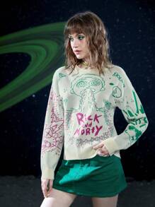 Rick and Morty X SHEIN 數字和字母圖案下降肩毛衣 - 彩色 - 查看 6