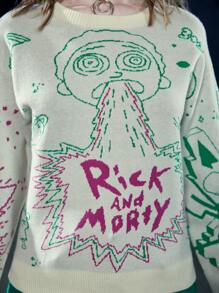 Rick and Morty X SHEIN 數字和字母圖案下降肩毛衣 - 彩色 - 查看 7