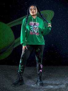 Rick and Morty X SHEIN 大碼字母圖案緊身打底褲 - 黑色 - 查看 3