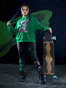 Rick and Morty X SHEIN 大碼字母圖案緊身打底褲 - 黑色 - 查看 5