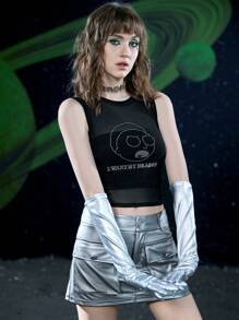 Rick and Morty X SHEIN 水鑽字母和卡通圖案網紗背心上衣不附抹胸 - 黑色 - 查看 7