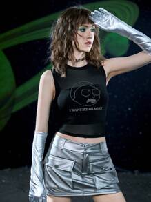 Rick and Morty X SHEIN 水鑽字母和卡通圖案網紗背心上衣不附抹胸 - 黑色 - 查看 8