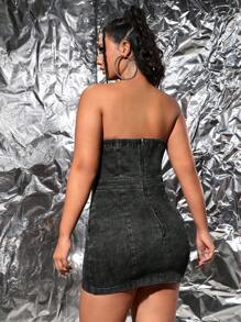 SHEIN ICON Plus Cut Out Tube Bodycon Denim Dress - Black - View 2