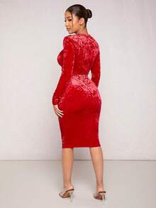 SHEIN SXY Chất rắn Nhung Top Cây trồng & Váy bút chì - Đỏ - Xem 2