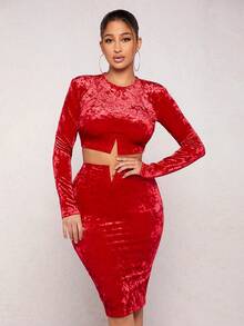 SHEIN SXY Chất rắn Nhung Top Cây trồng & Váy bút chì - Đỏ - Xem 3