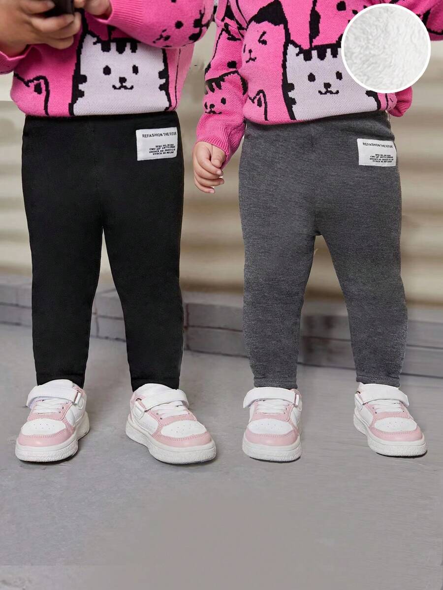 SHEIN 女嬰2入組標語貼布細節保暖長褲 - 彩色 - 查看 1