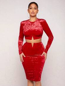 SHEIN SXY Chất rắn Nhung Top Cây trồng & Váy bút chì - Đỏ - Xem 4