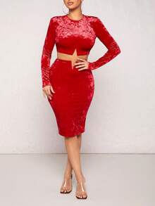 SHEIN SXY Chất rắn Nhung Top Cây trồng & Váy bút chì - Đỏ - Xem 5