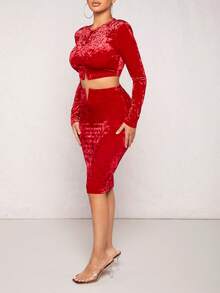 SHEIN SXY Chất rắn Nhung Top Cây trồng & Váy bút chì - Đỏ - Xem 6