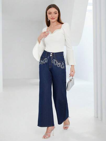 SHEIN Privé Rhinestone Detail Wide Leg Jeans