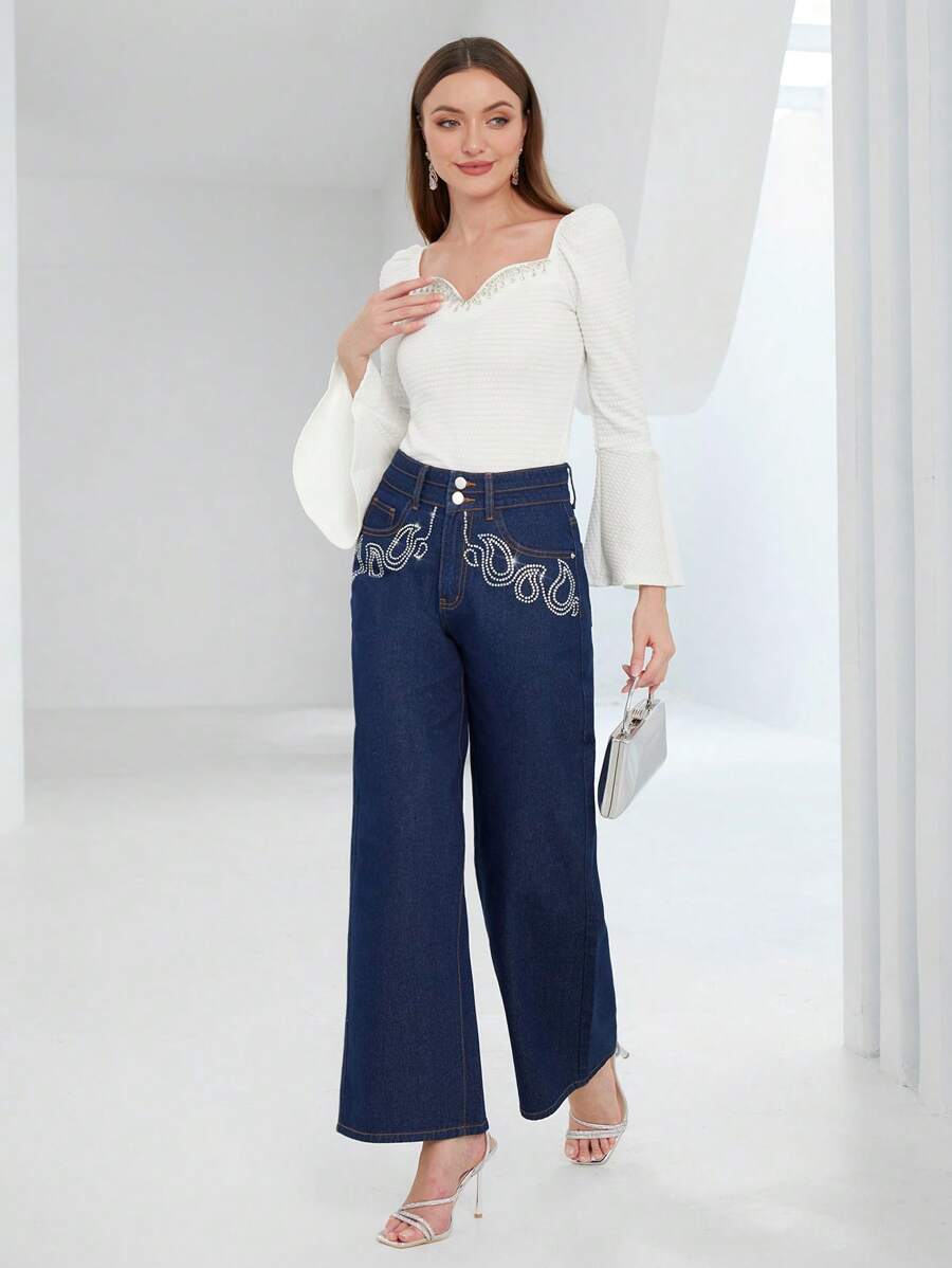 SHEIN Privé Rhinestone Detail Wide Leg Jeans - Dark Wash - View 1