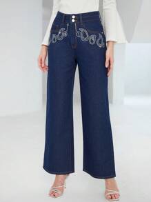 SHEIN Privé Rhinestone Detail Wide Leg Jeans - Dark Wash - View 4