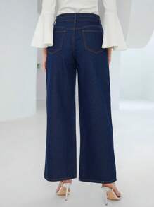 SHEIN Privé Rhinestone Detail Wide Leg Jeans - Dark Wash - View 3