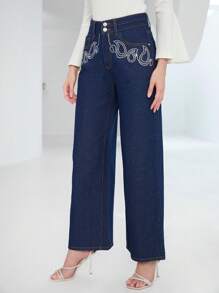 SHEIN Privé Rhinestone Detail Wide Leg Jeans - Dark Wash - View 5