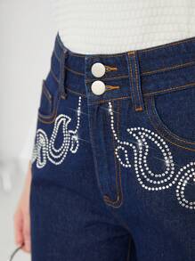 SHEIN Privé Rhinestone Detail Wide Leg Jeans - Dark Wash - View 7