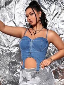 SHEIN ICON Plus Zip Up Garter Bustier Cami Denim Top - Medium Wash - View 1