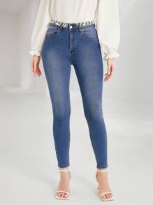 SHEIN Privé Solid Pearls Studded Skinny Jeans - Medium Wash - View 1