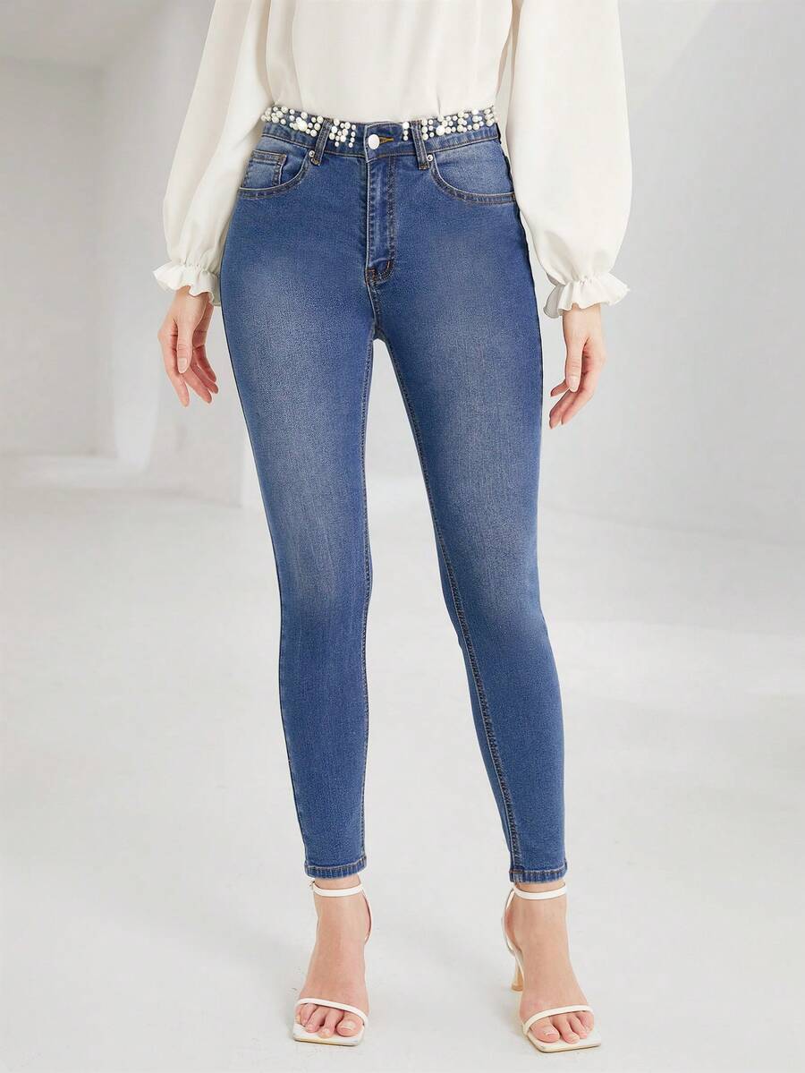 SHEIN Privé Solid Pearls Studded Skinny Jeans - Medium Wash - View 1