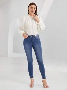 SHEIN Privé Solid Pearls Studded Skinny Jeans - Medium Wash - View 2