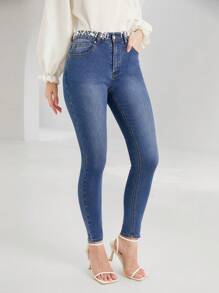 SHEIN Privé Solid Pearls Studded Skinny Jeans - Medium Wash - View 4