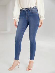 SHEIN Privé Solid Pearls Studded Skinny Jeans - Medium Wash - View 6