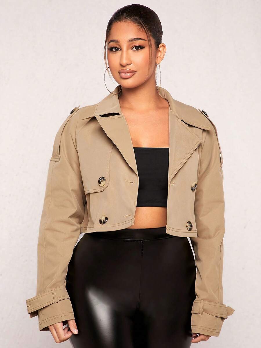 SHEIN SXY Abrigo corto de trinchera con diseño de hombreras y hebilla en la manga para mujer, ideal para primavera y Día de San Valentín en otoño/invierno - Caqui - Ver 1